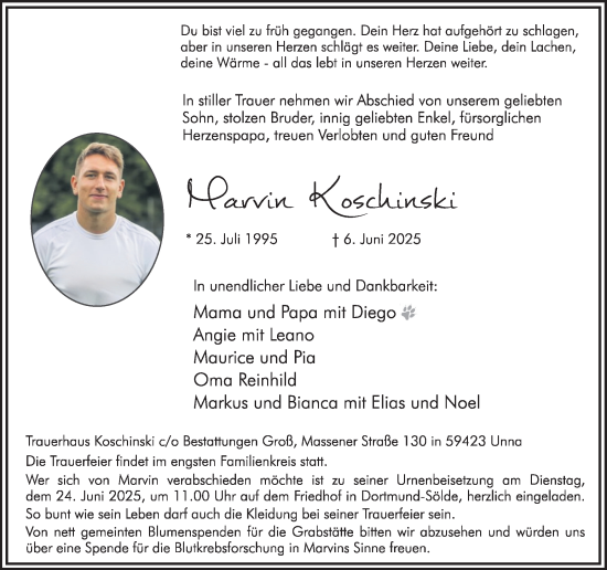 Traueranzeige von Marvin Koschinski von Ruhr Nachrichten