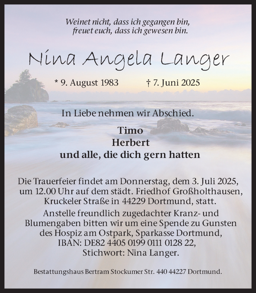  Traueranzeige für Nina Angela Langer vom 21.06.2025 aus Ruhr Nachrichten
