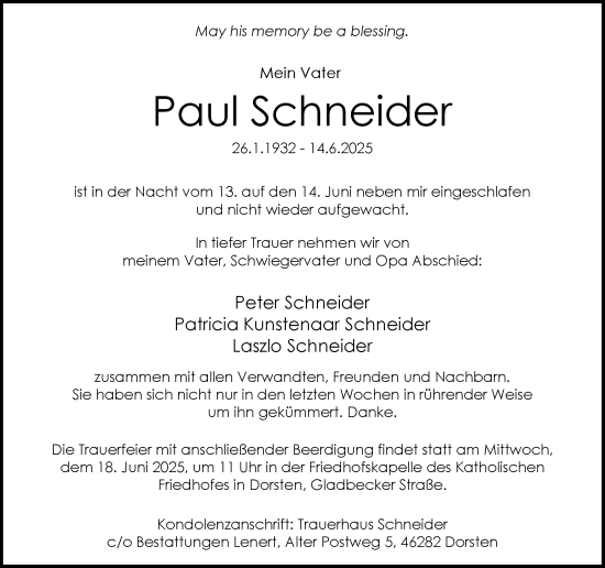 Traueranzeige von Paul Schneider von Ruhr Nachrichten und Dorstener Zeitung