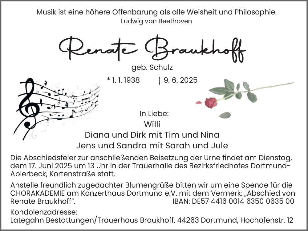  Traueranzeige für Renate Braukhoff vom 14.06.2025 aus Ruhr Nachrichten