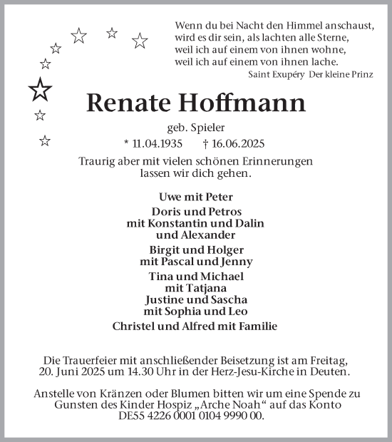 Traueranzeige von Renate Hoffmann von Ruhr Nachrichten und Dorstener Zeitung