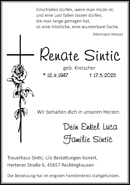 Traueranzeige von Renate Sintic von Trauer Vest