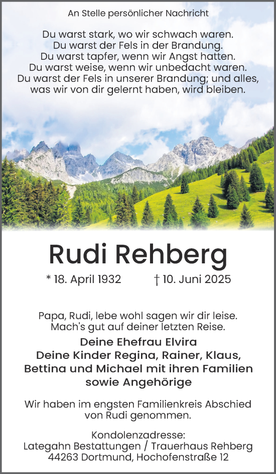 Traueranzeige von Rudi Rehberg von Ruhr Nachrichten
