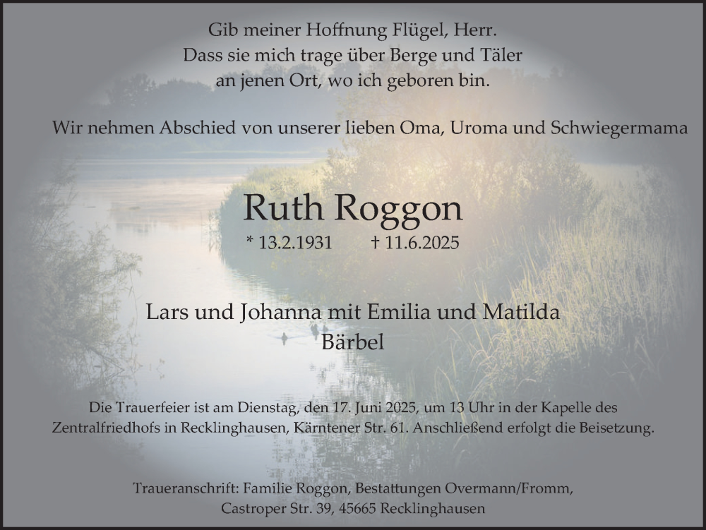  Traueranzeige für Ruth Roggon vom 14.06.2025 aus Trauer Vest