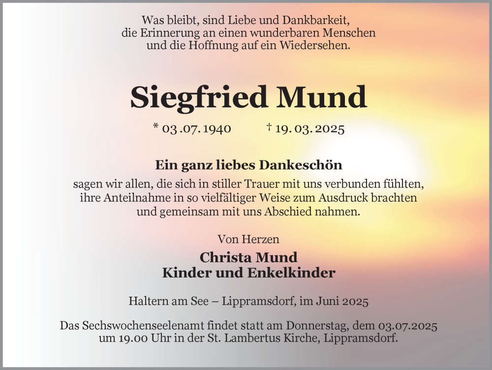  Traueranzeige für Siegfried Mund vom 30.06.2025 aus Ruhr Nachrichten und Halterner Zeitung