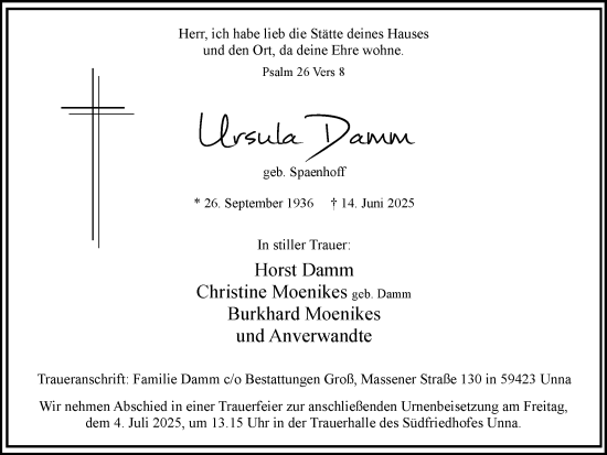 Traueranzeige von Ursula Damm von Hellweger Anzeiger