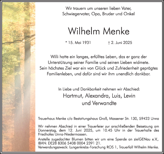 Traueranzeige von Wilhelm Menke von Hellweger Anzeiger