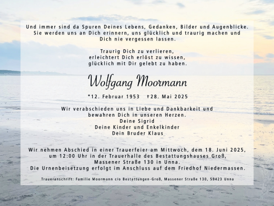 Traueranzeige von Wolfgang Moormann von Hellweger Anzeiger