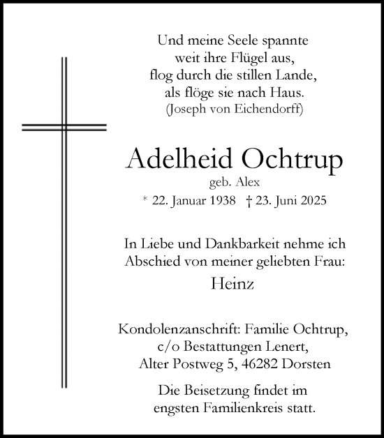 Traueranzeige von Adelheid Ochtrup von Ruhr Nachrichten und Dorstener Zeitung