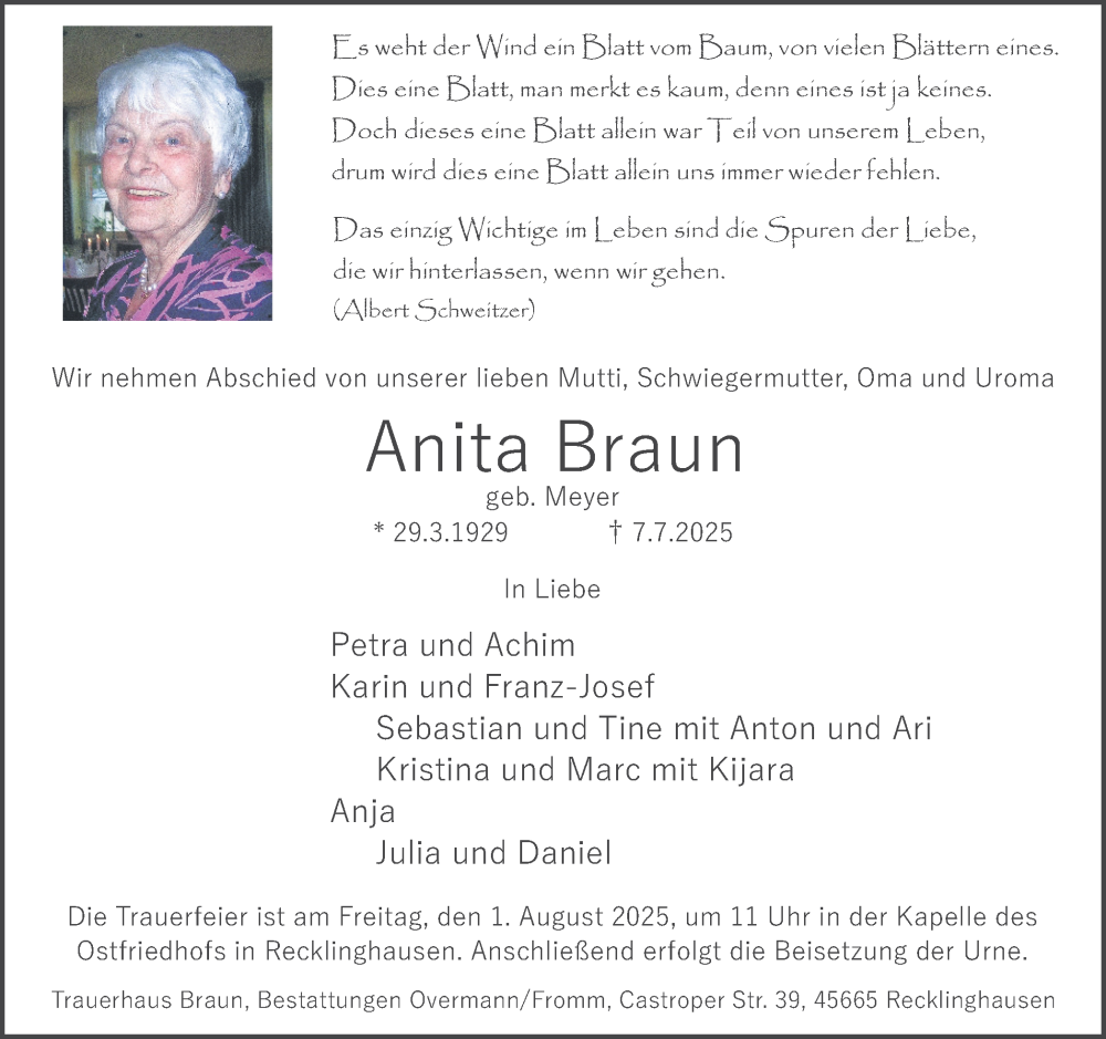  Traueranzeige für Anita Braun vom 19.07.2025 aus Trauer Vest