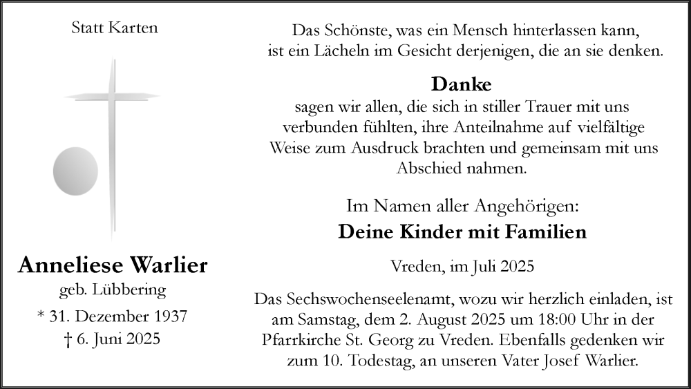  Traueranzeige für Anneliese Warlier vom 30.07.2025 aus Münsterland Zeitung