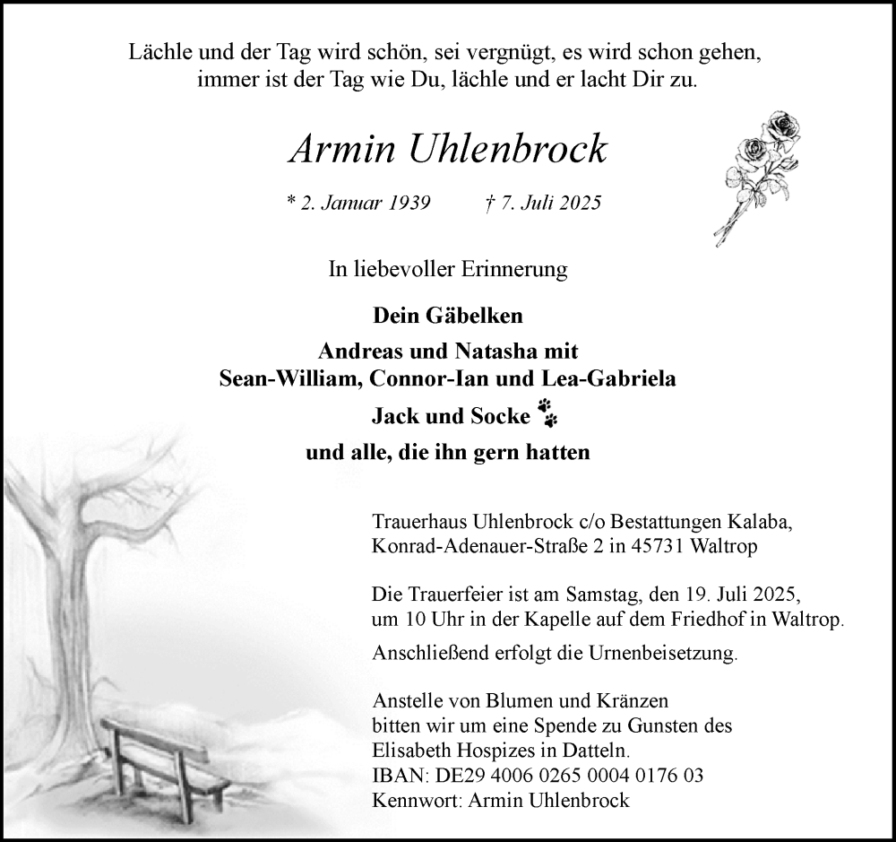  Traueranzeige für Armin Uhlenbrock vom 12.07.2025 aus Trauer Vest
