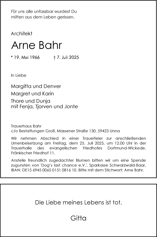 Traueranzeige von Arne Bahr von Hellweger Anzeiger