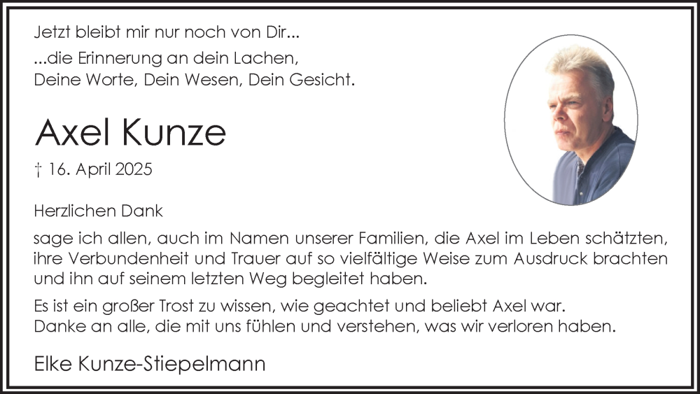  Traueranzeige für Axel Kunze vom 12.07.2025 aus Hellweger Anzeiger