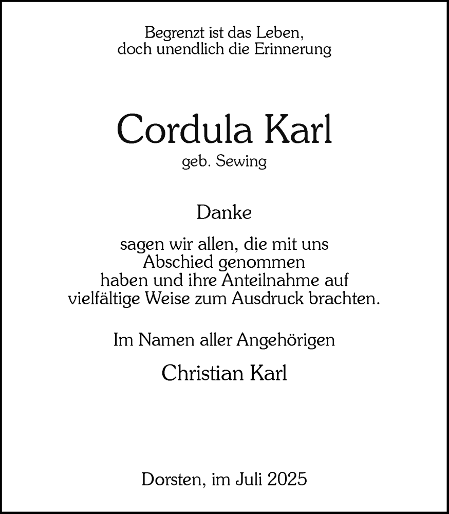  Traueranzeige für Cordula Karl vom 12.07.2025 aus Ruhr Nachrichten und Dorstener Zeitung