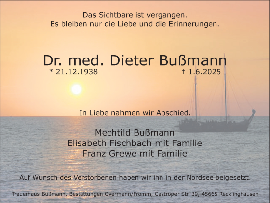 Traueranzeige von Dieter Bußmann von Trauer Vest