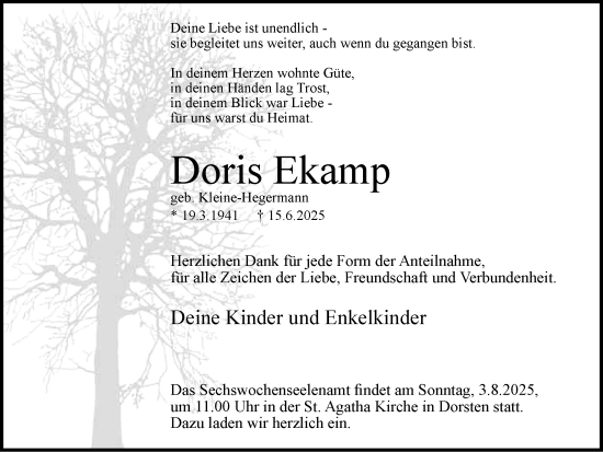 Traueranzeige von Doris Ekamp von Ruhr Nachrichten und Dorstener Zeitung