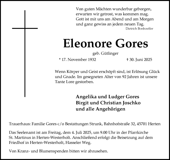Traueranzeige von Eleonore Gores von Trauer Vest