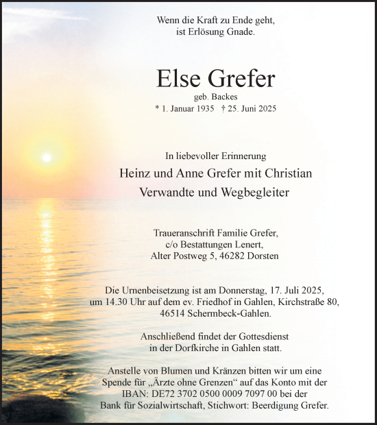 Traueranzeige von Else Grefer von Ruhr Nachrichten und Dorstener Zeitung