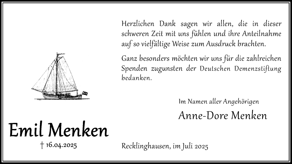  Traueranzeige für Emil Menken vom 19.07.2025 aus Trauer Vest