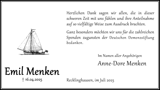 Traueranzeige von Emil Menken von Trauer Vest