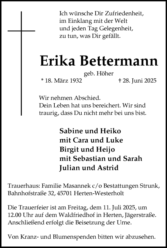Traueranzeige von Erika Bettermann von Trauer Vest