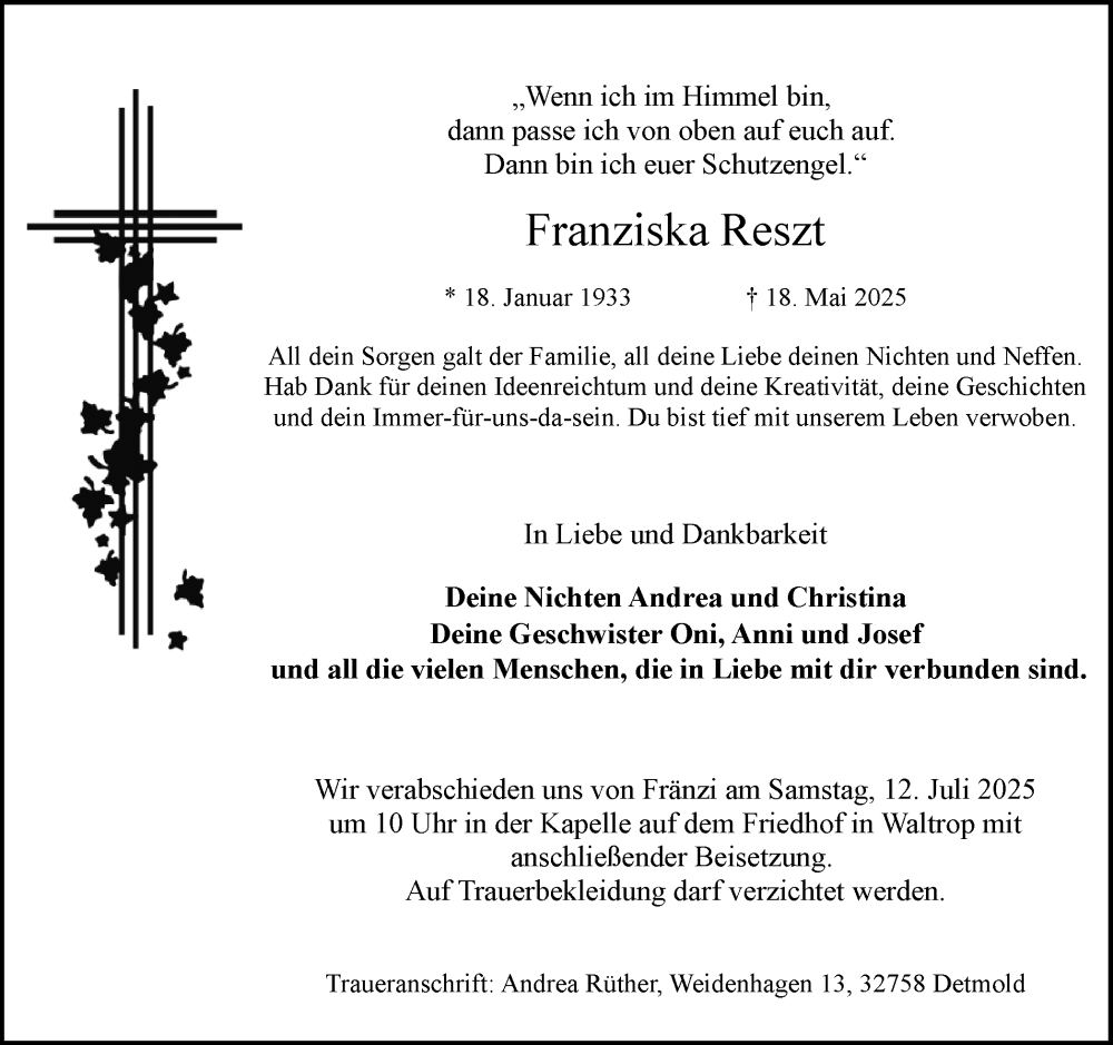  Traueranzeige für Franziska Reszt vom 05.07.2025 aus Trauer Vest