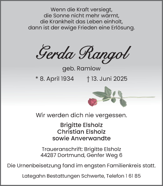 Traueranzeige von Gerd Rangol von Ruhr Nachrichten