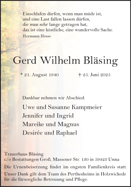 Traueranzeige von Gerd Wilhelm Bläsing von Hellweger Anzeiger