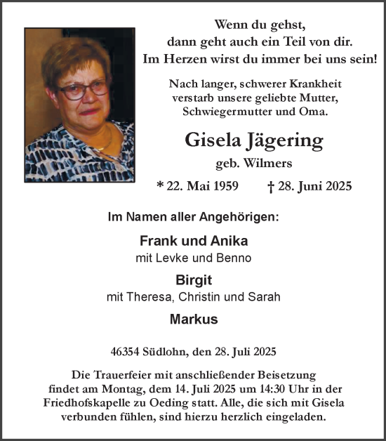 Traueranzeige von Gisela Jägering von Münsterland Zeitung