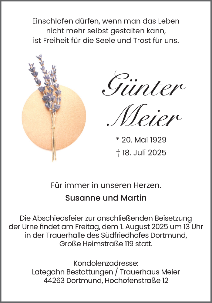  Traueranzeige für Günter Meier vom 26.07.2025 aus Ruhr Nachrichten