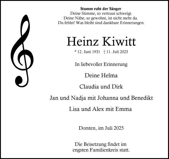 Traueranzeige von Heinz Kiwitt von Ruhr Nachrichten und Dorstener Zeitung