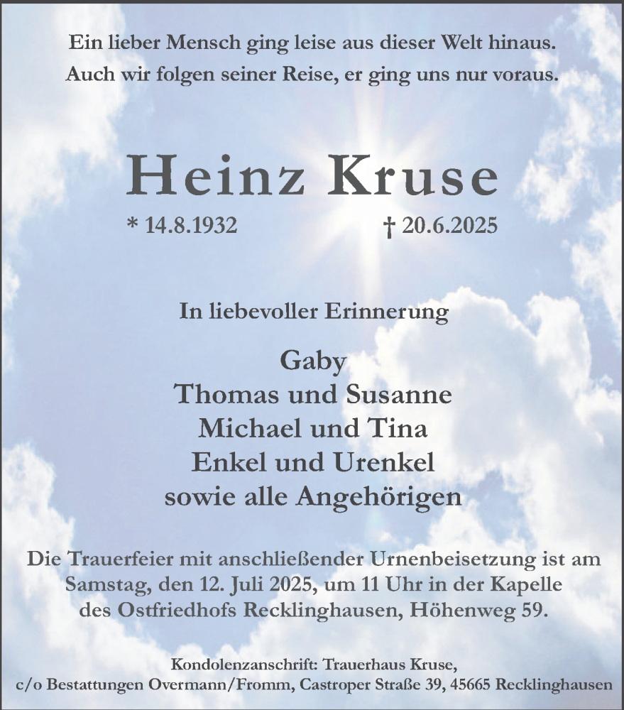  Traueranzeige für Heinz Kruse vom 05.07.2025 aus Trauer Vest