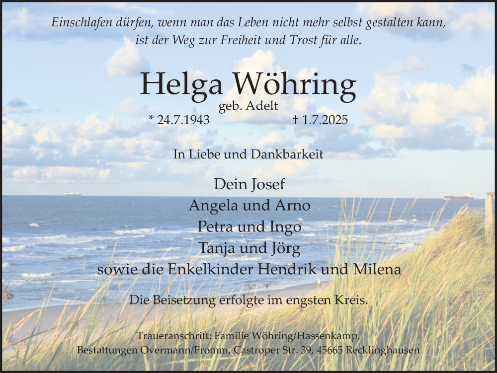  Traueranzeige für Helga Wöhring vom 19.07.2025 aus Trauer Vest