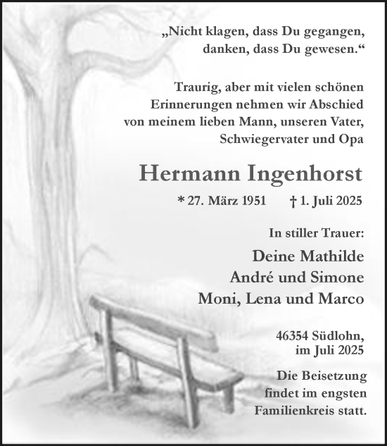 Traueranzeige von Hermann Ingenhorst von Münsterland Zeitung