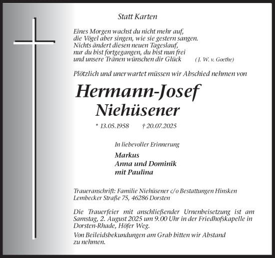 Traueranzeige von Hermann-Josef Niehüsener von Ruhr Nachrichten und Dorstener Zeitung