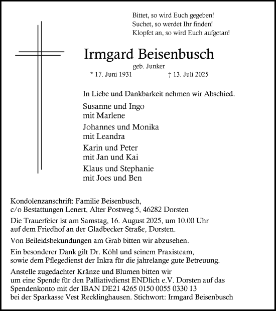 Traueranzeige von Irmgard Beisenbusch von Ruhr Nachrichten und Dorstener Zeitung