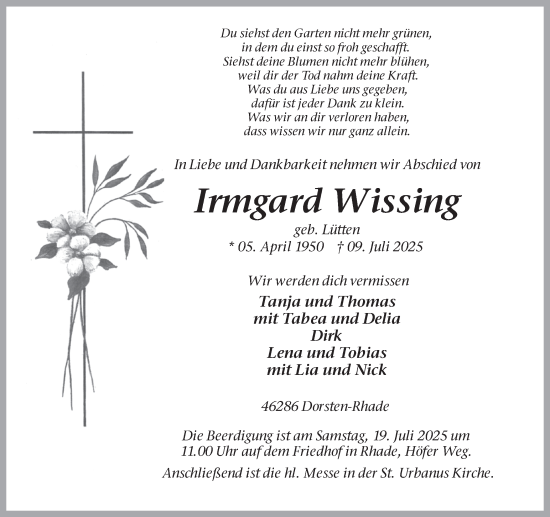 Traueranzeige von Irmgard Wissing von Ruhr Nachrichten und Dorstener Zeitung