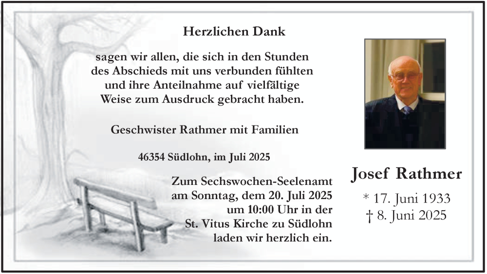  Traueranzeige für Josef Rathmer vom 16.07.2025 aus Münsterland Zeitung