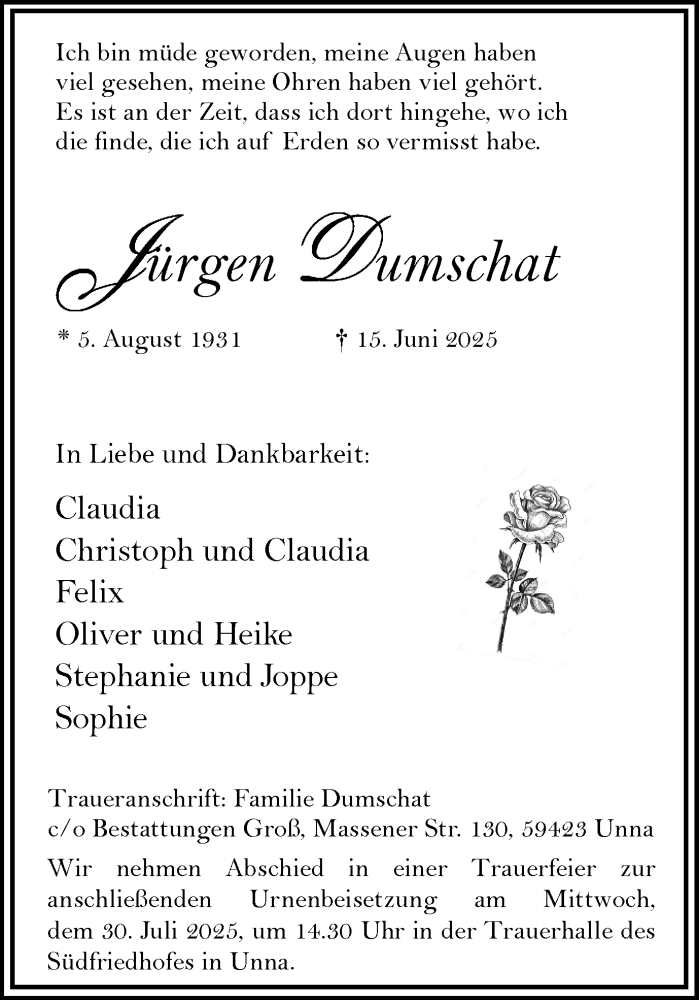  Traueranzeige für Jürgen Dumschat vom 12.07.2025 aus Hellweger Anzeiger