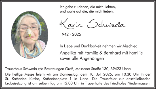 Traueranzeige von Karin Schweda von Hellweger Anzeiger