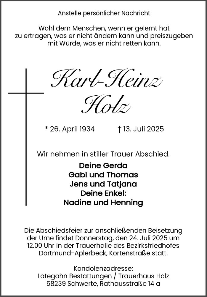  Traueranzeige für Karl-Heinz Holz vom 19.07.2025 aus Ruhr Nachrichten