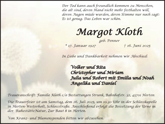 Traueranzeige von Margot Kloth von Trauer Vest