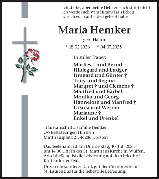 Traueranzeige von Maria Hemker von Ruhr Nachrichten und Dorstener Zeitung