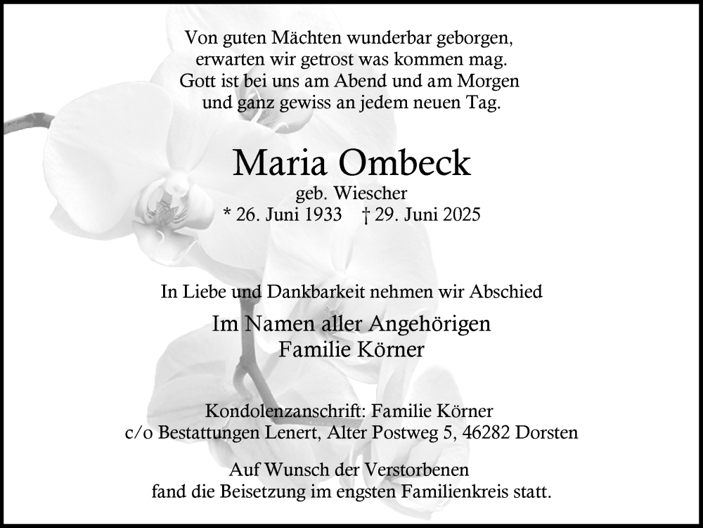  Traueranzeige für Maria Ombeck vom 19.07.2025 aus Ruhr Nachrichten und Dorstener Zeitung
