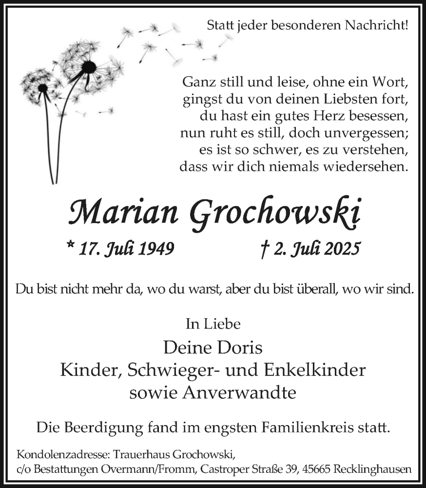  Traueranzeige für Marian Grochowski vom 19.07.2025 aus Trauer Vest