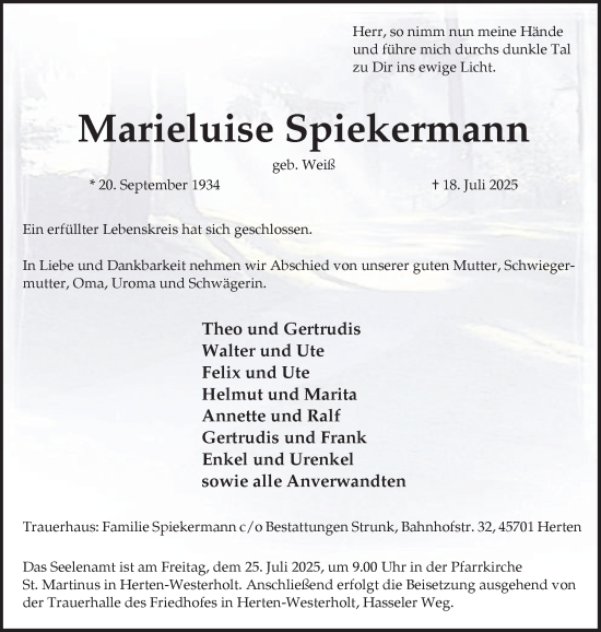 Traueranzeige von Marieluise Spiekermann von Trauer Vest