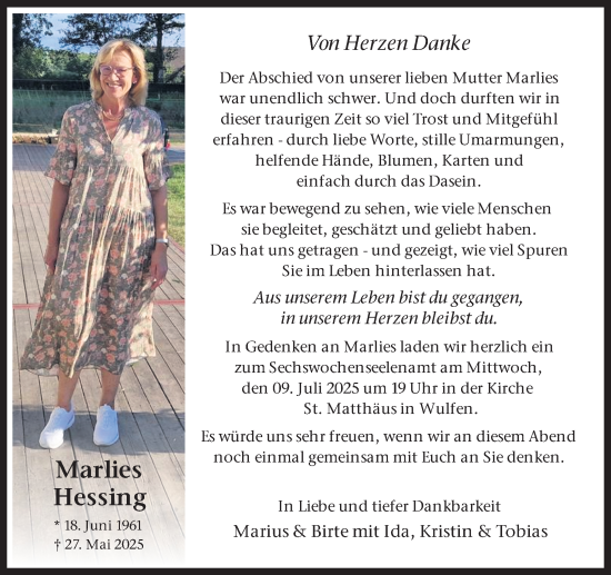 Traueranzeige von Marlies Hessing von Ruhr Nachrichten und Dorstener Zeitung