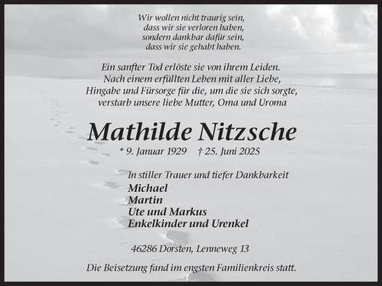 Traueranzeige von Mathilde Nitzsche von Ruhr Nachrichten und Dorstener Zeitung