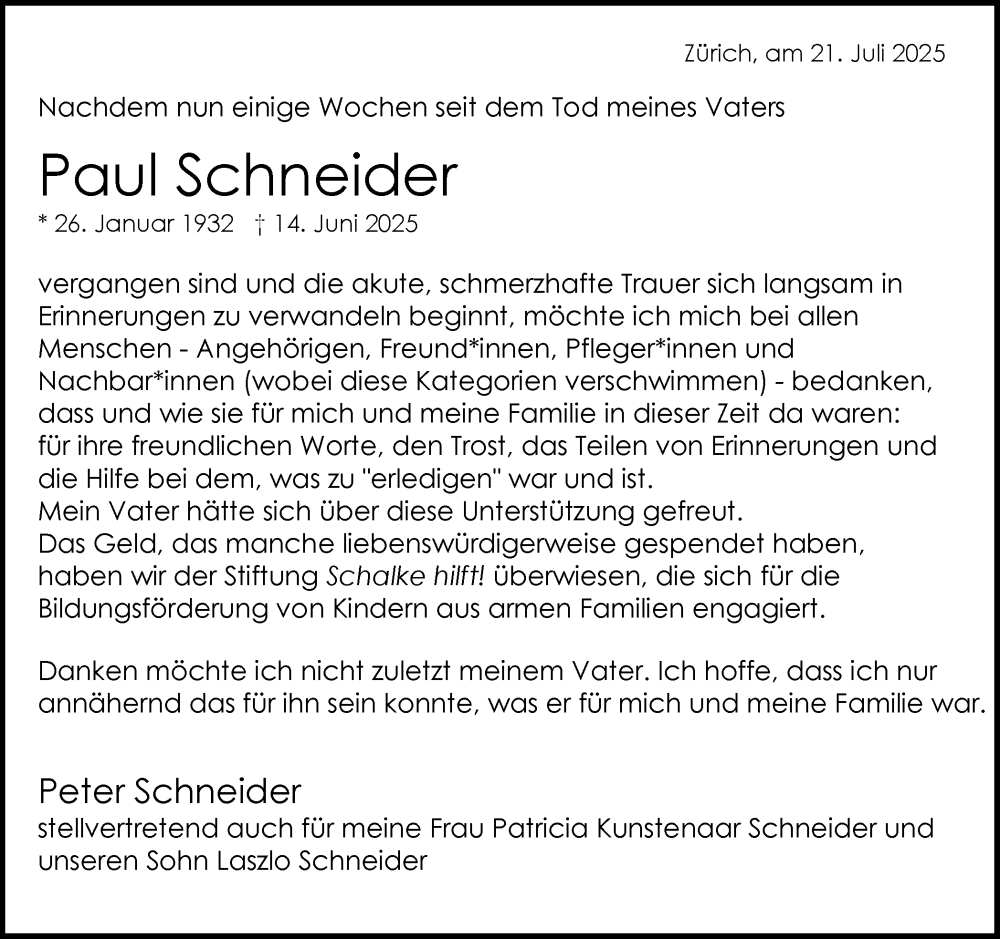  Traueranzeige für Paul Schneider vom 18.07.2025 aus Ruhr Nachrichten und Dorstener Zeitung